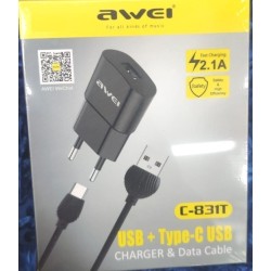 Awei Φορτιστής με Θύρα USB-A και Καλώδιο USB-C Μαύρος (C-831)