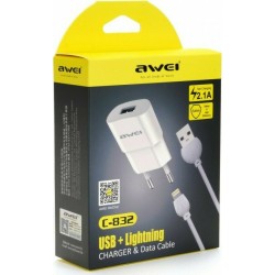 Awei Φορτιστής με Θύρα USB-A και Καλώδιο Lightning Μαύρος (C-832)